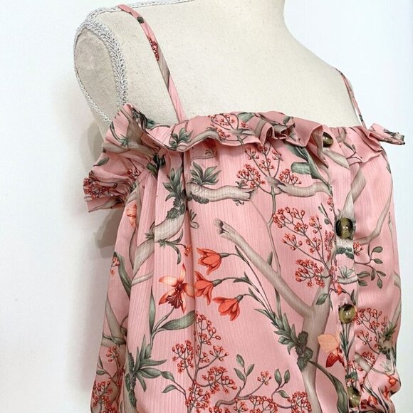 JOHANNA ORTIZ X H&M PINK FLORAL SATIN TIE-FRONT RUFFLE SLEEVELESS TOP - M - Picture 5 of 10